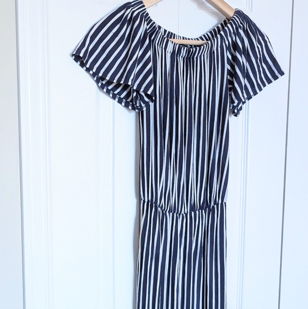 Fall Flutter Sleeve, Striped Dress. Navy & White, XS.